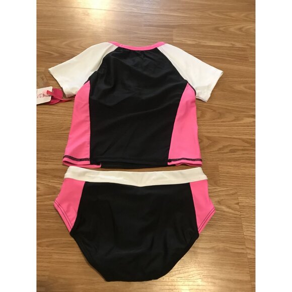 Justice Girls' S/P Short Sleeve Swim Set UPF 50+ Pink/Black/White Beach Rash - Picture 6 of 6